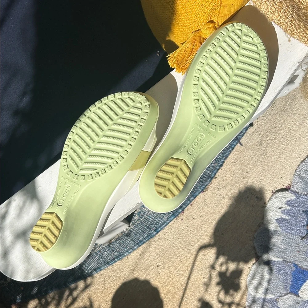 CROCS Sassari Lime Green and White Wedge Sandals